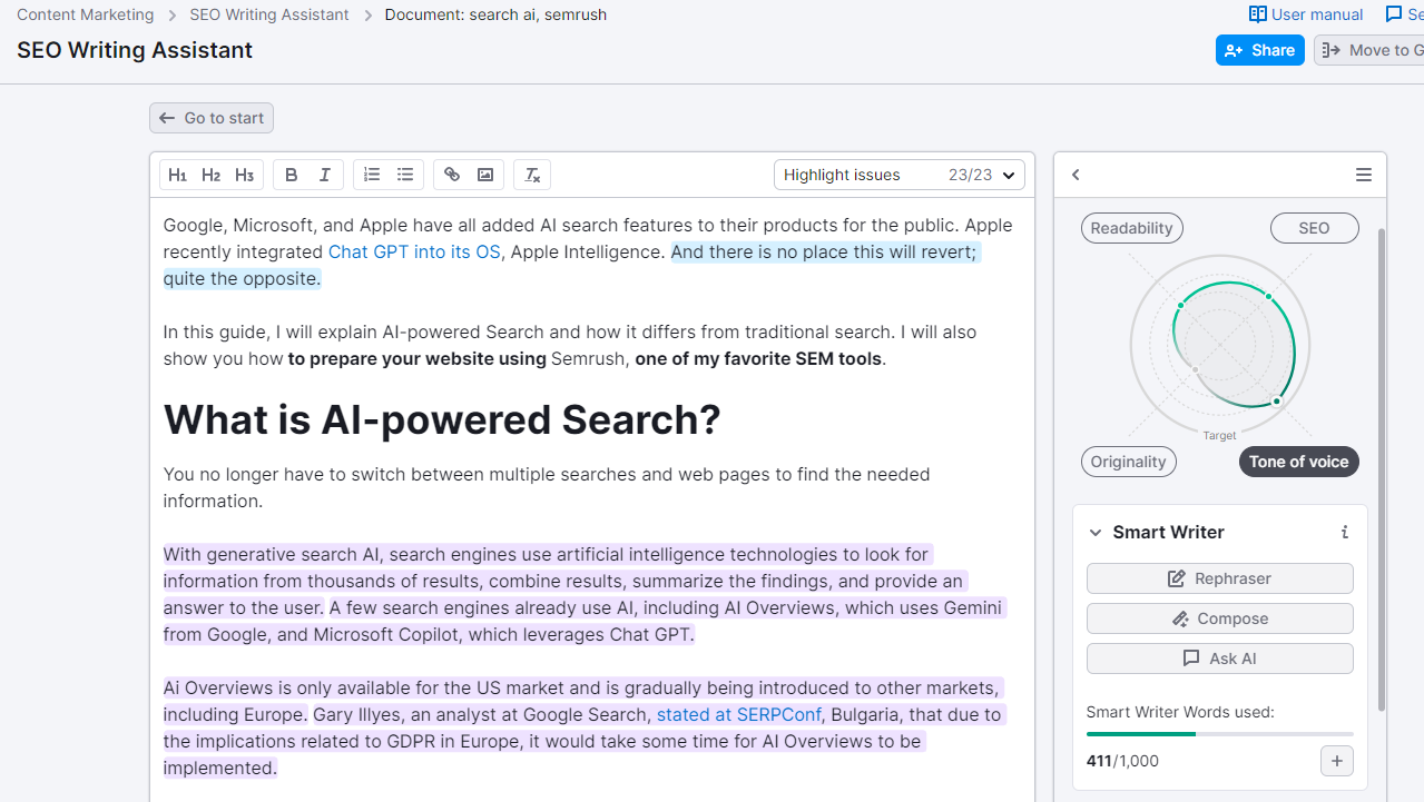 Optimizing this article for SEO using SEO Writing Assistant from Semrush