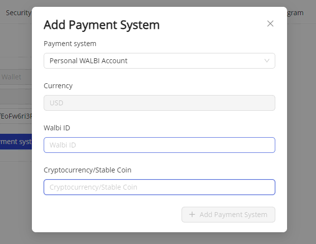 How to add a payment system in Walbi Partners 