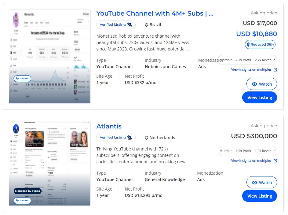 Youtube channels for sale on the Flippa Marketplace