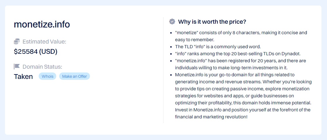 Evaluation of the monetize.info domain on Dynadot