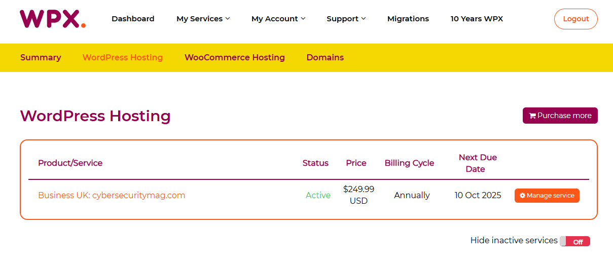 Overview of your WPX hosting dashboard