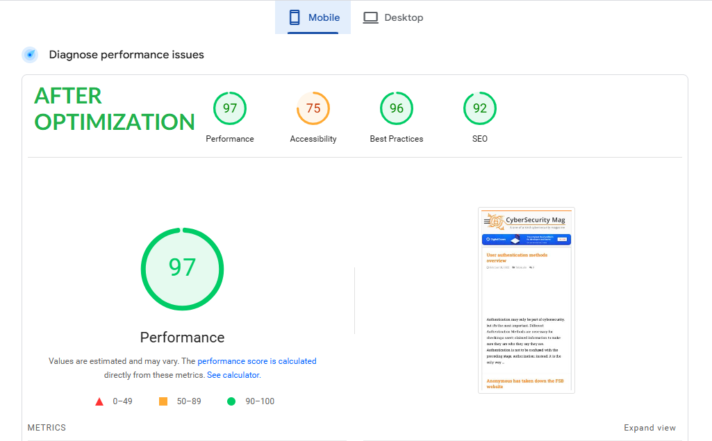 Step 7 Google Page Speed Insights Results After Optimization