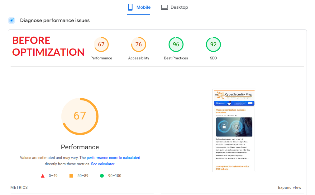 Step 7 Google Page Speed Insights Results Before Optimization