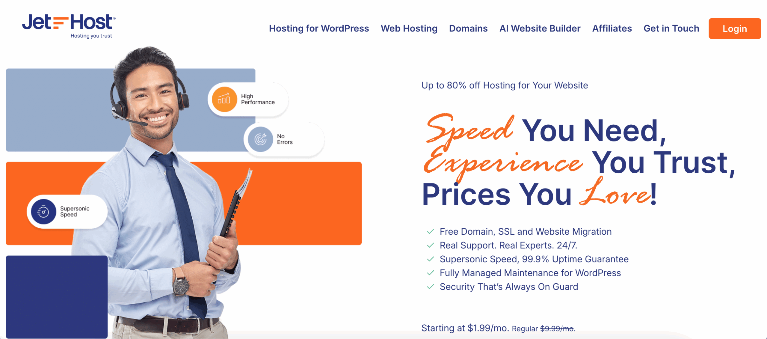 Screenshot of the JetHost website homepage